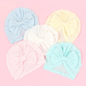 5-pack breathable mesh baby turban hats with large bows in various macaron colors