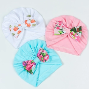 Lot de 3 bonnets turbans pour bébé en coton doux avec nœuds floraux blanc rose et bleu