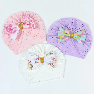 Breathable hollow lace newborn baby hats with double layer bows in three colors