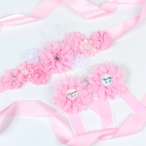 Pink floral maternity belt and Mommy to Be corsage pins set for pregnancy photoshoot
