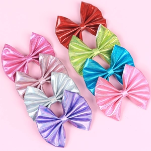 Set of 8 colorful metallic faux leather bow hair clips with brushed texture for girls
