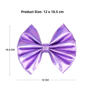 Close-up of a 12cm x 10.5cm purple glossy leather bow hair clip with laser texture