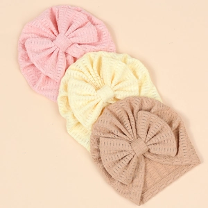 Bonnets à nœud pour nouveau-né en tricot gaufré rose, jaune et beige, coupe-vent