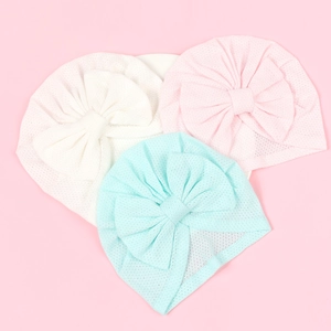 Infant summer breathable mesh beanies with bow in white, light pink and blue colors