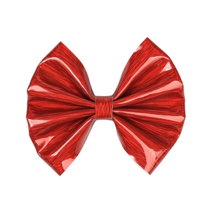 Detailed macro view of glossy red leather bow hair clip with metallic brushed texture