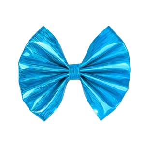 Close-up of bright blue metallic bow hair clip with textured faux leather finish