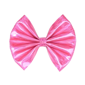 Bright pink bow hair clip for girls with a shiny brushed texture on white background