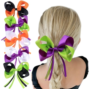 Barrettes à Cheveux Nœud Halloween pour Filles Ruban Gros-grain Bloc de Couleur Nœud avec Banderoles Accessoires Cheveux Fête