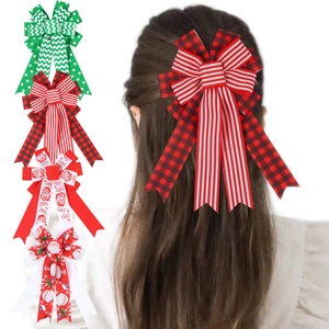 Kids Christmas Ribbon Bow Hair Clips Santa Claus Ho Ho Ho Print Plaid Stripes Hair Grips Girls Holiday Party Hair Accessories