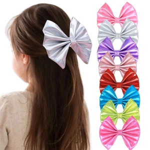 Kids Girls Bowknot Hair Clips Metallic Faux Leather Duckbill Clips Shiny Laser Hair Accessories For Daily Party Children Jewelry
