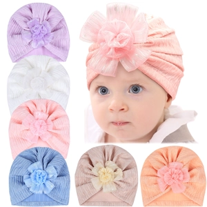 Soft Polyester Pleated Baby Turban Hat With Large Flower Decor Sweet Infant Beanie Bonnet For Photography Daily Wear Kids Accessories