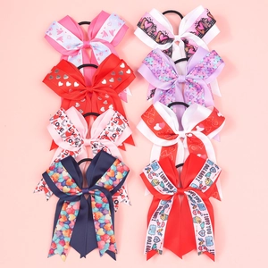 Handmade Kids Girls Bow Hair Ties Valentine's Day Heart Pattern Grosgrain Ribbon Swallowtail Hair Ropes Hair Accessories Multicolor Styles