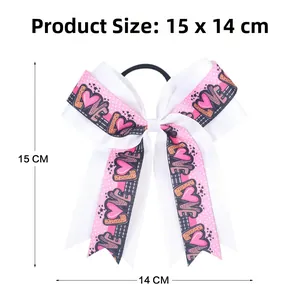 Detail of pink and white LOVE heart ribbon hair bow with measurements 15x14cm