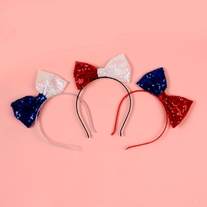 Set di tre cerchietti con fiocchi di paillettes rosso bianco e blu per bambine e feste USA