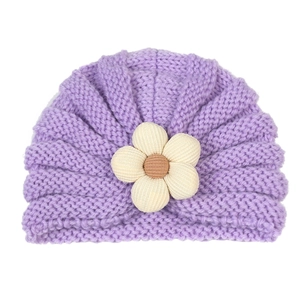 Lavender purple knit baby turban hat with a 3D cream floral bow detail for winter warmth