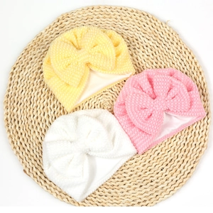 Soft double-layer newborn bean velvet hats with large bows in yellow, pink and white