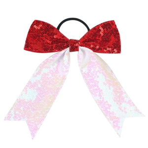 Sparkly red and pink sequin bow hair tie with streamers for girls hair accessories