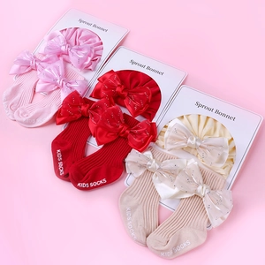 Ensemble bonnet turban et chaussettes en coton pour bébé avec grands nœuds à paillettes