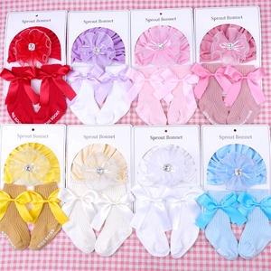 Newborn Baby Girls Turban Hat Socks Set With Large Mesh Flower Rhinestone Satin Bow Soft Cotton Ribbed Socks For Infants
