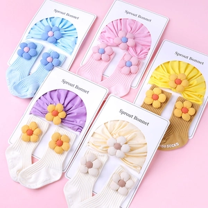 Baby Girl Hat Socks Set 3D Flower Pleated Turban Cotton Knit Soft Newborn Bonnet Infant Headwear Accessory Daily Party