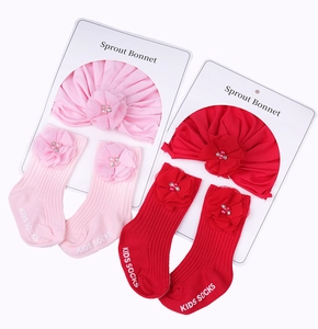 Détail du lot de bonnet et chaussettes bébé rose et rouge avec fleurs 3D et perles