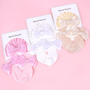 Ensemble bonnet et chaussettes en coton pour bébé avec grands nœuds pailletés multicolores