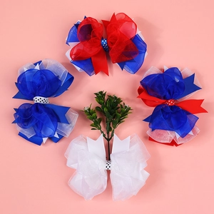 Pinces à Cheveux à Nœud Faites à la Main pour Enfants Rouge Blanc Bleu Ruban de Maille Jour de l'Indépendance Accessoires Cheveux
