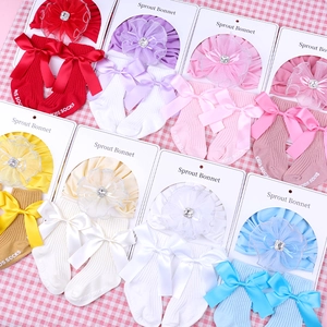 Baby flower headband and bow socks set in multiple colors with elegant lace details