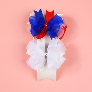 Lot de nœuds à cheveux en dentelle multicouche avec rubans patriotiques rouge blanc bleu