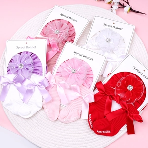 5-pack newborn baby lace floral beanie and ribbon bow socks set in multiple colors