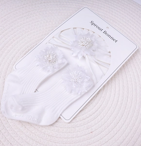 Gros plan du bandeau à fleurs blanches et des chaussettes tricotées pour bébés sur carte