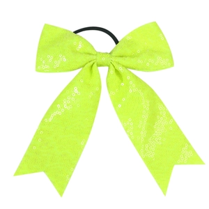Detailed view of neon green sequined bow hair tie with high-elastic black rubber band
