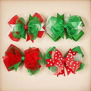 Bambini Natale Fiocco Fermagli per Capelli Multistrato Rete Nastro Grosgrain Pois Rosso Verde Bianco Festivo Accessori Ragazze