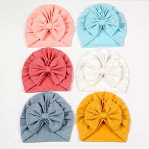 6-pack newborn baby turban hats with diamond knit texture and decorative bows