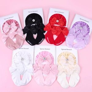 Bonnet Turbans et Chaussettes pour Nouveau-Né Bébé Grand Nœud Strass Polyester Doux Accessoires de Coiffure pour Tout-Petits Bandeau de Princesse Filles