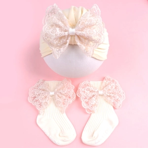 Lace bow baby hat and socks set in beige with soft knit cotton for infant girls