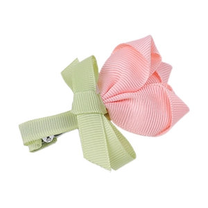 Détail de la barrette à cheveux tulipe rose faite main en ruban gros-grain avec nœud vert