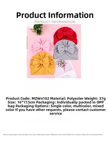 Vue détaillée de bonnets à nœud pour bébé en quatre couleurs avec dimensions et texture douce