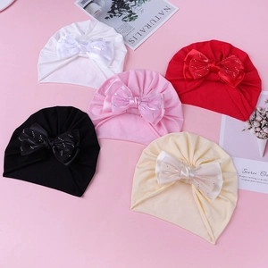 Détails de turbans pour nouveau-nés en coton avec grands nœuds en satin et strass