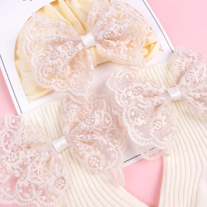 Lace bow baby headband set with knitted elastic bands in soft cream and yellow