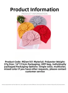 Detail showing polyester baby turban hat dimensions 16x17.5cm with flower knot decor
