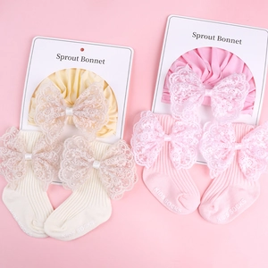 Infant Baby Girls Knitted Hat And Socks With Large Lace Bow Embroidered Soft Polyester Turban Bonnet And Matching Socks
