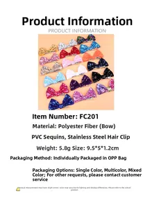 Detail view of 4-inch sequin bow hair clips with specific size and material specifications