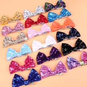 Set of colorful 4 inch sequin hair bows with metal clips for girls and children