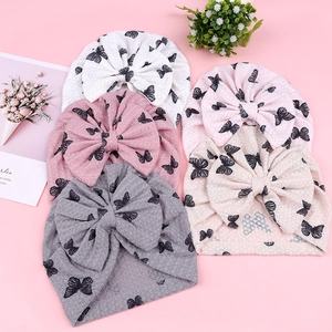 Polyester Baby Turban Hat Large Bow Waffle Knit Breathable Butterfly Print Headwrap For Newborn Infant 0-6 Months Summer