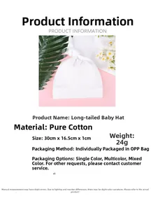 White cotton baby knot tail hat with size 30x16.5cm and soft breathable material