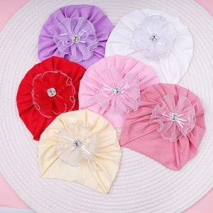 Bonnets turban pour bébé avec fleur en dentelle et strass carrés en plusieurs couleurs