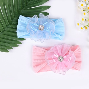 Détails de bandeaux pour bébé avec fleurs en maille jacquard et centres en strass