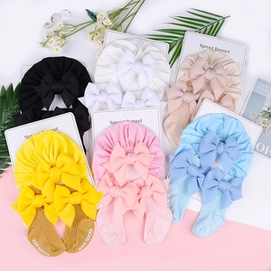 Set Turbante e Calzini per Neonati Con Fiocco Grande in Morbido Misto Cotone per Fotografia e Uso Quotidiano