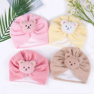 Infant winter polar fleece hats with plush bear design in pink, yellow and khaki set